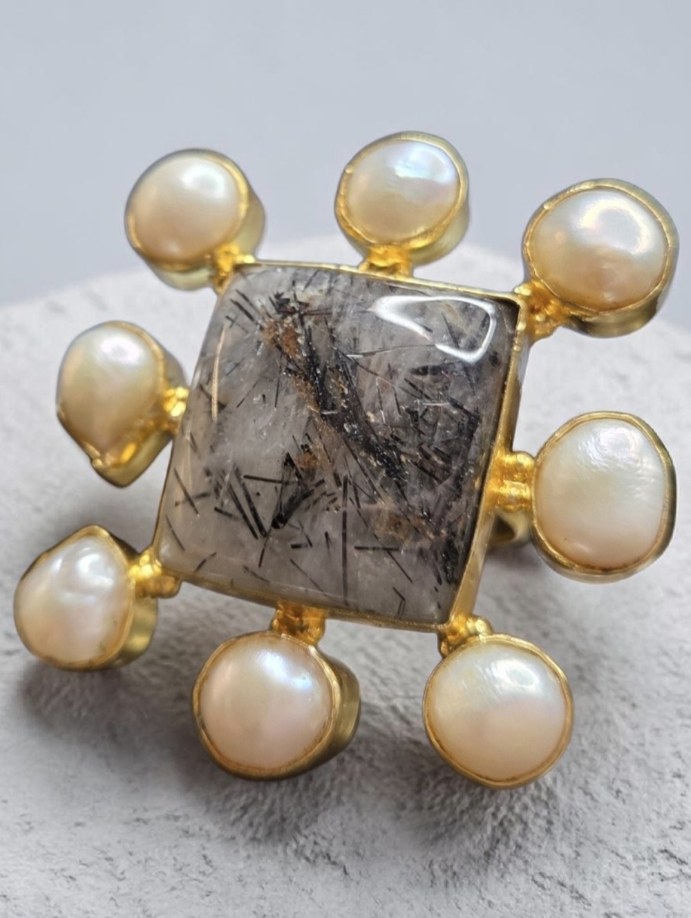 24k Gold Plated Artisan Freshwater Pearl Golden Rutilated Quartz Statement Ring